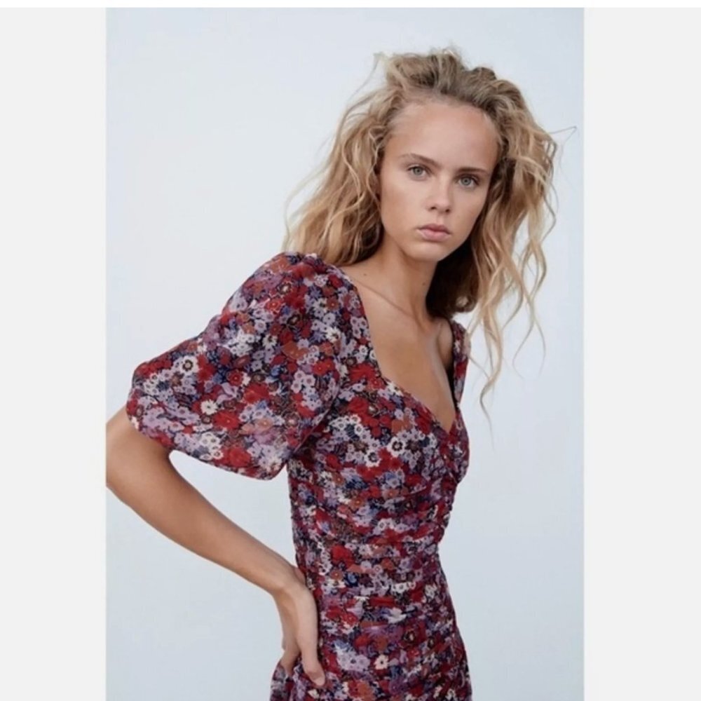 ZARA Floral Print Mini Dress Ruched Size M NEW WITH TAG! - Picture 6 of 12